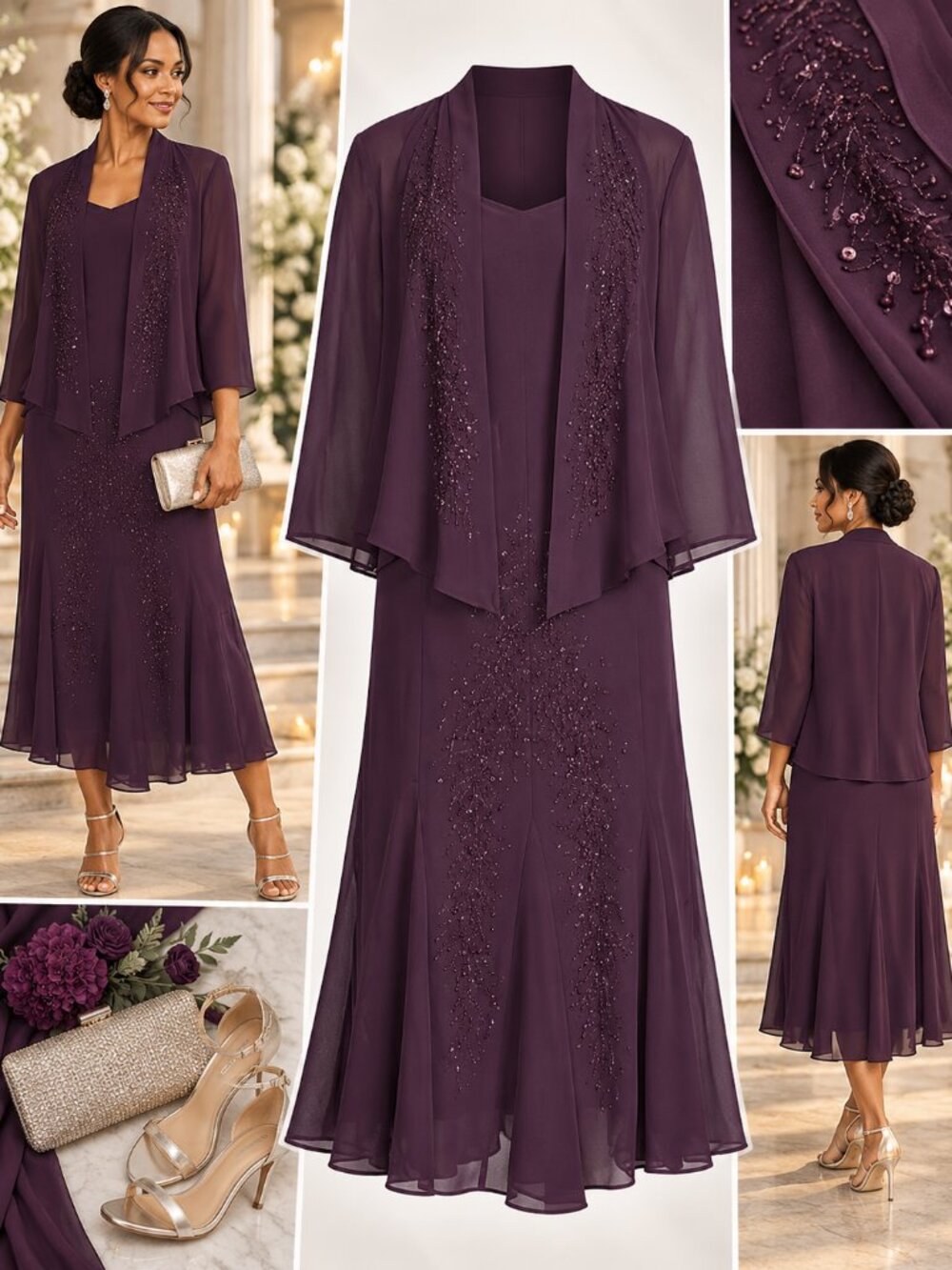 R&M Richards Eggplant Beaded Chiffon Dress Jacket 2 Piece Set Size 8 NWT